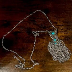 Silver and turquoise long adjustable necklace - coastal cowgirl, western, boho